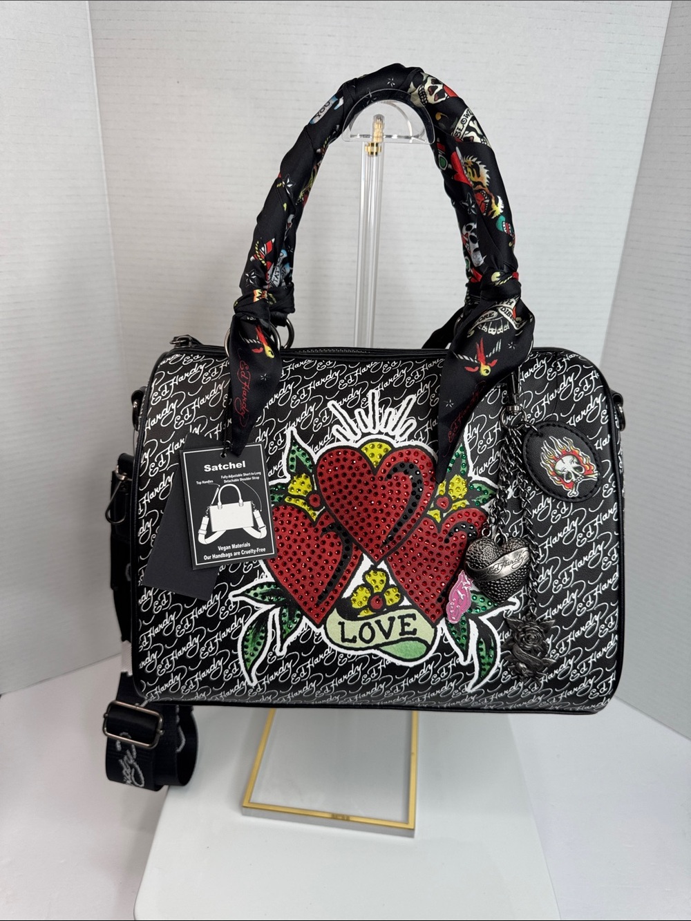 Ed Hardy Rhinestone Love Hearts Satchel Crossbody Bag Tattoo Print- NEW